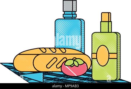 Picknick mit Brot und Wasser und Wein Flasche mit weißem Hintergrund, Vector Illustration Stock Vektor