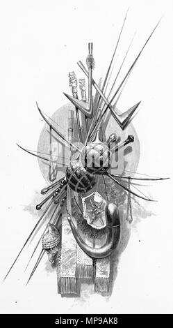 Gravur von typischen Waffen von Kanaka Stammesangehörige in Neukaledonien eingesetzt. Von der malerischen Atlas von Australasien Vol. 3, 1886 Stockfoto