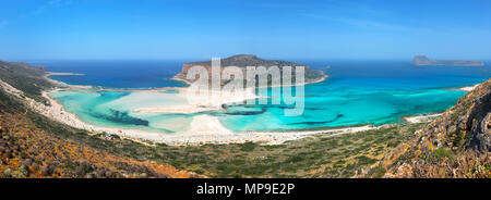 Panorama von Balos Beach und Gramvousa Insel in der Nähe von Kissamos auf Kreta, Griechenland Stockfoto