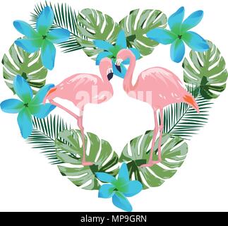 Vector Illustration einer Flamingo und blauen tropischen Blumen und Palmen Blätter in der Form eines Herzens Stock Vektor