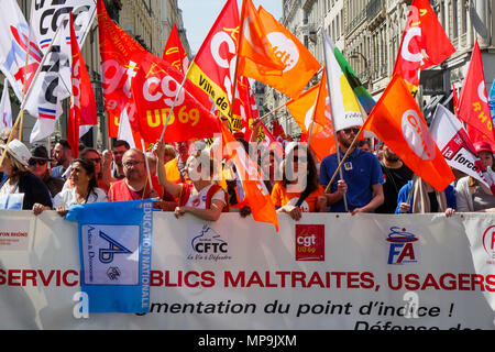 Lyon, Frankreich, 22. Mai 2018: Die von Gewerkschaften genannt, Beamte werden gesehen, wie sie in den Straßen von Lyon (Zentral-ost-Frankreich), am 2. Mai Stockfoto