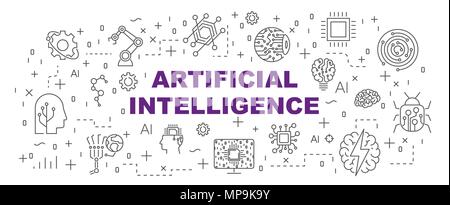 AI Vektor Banner Design Konzept, flacher Stil mit thin line Art Symbole auf dem weißen Hintergrund. Editierbare Anschlag Stock Vektor