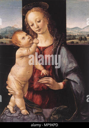 Englisch: Madonna mit Kind und ein Granatapfel (Dreyfus Madonna) zwischen 1475 und 1480. 819 Lorenzo di Credi - Madonna Dreyfus Stockfoto