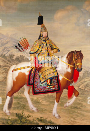 Die qianlong Kaiser in den zeremoniellen Rüstung zu Pferd 1758. 1179 Die Qianlong Emperor in Ceremonial Armour auf dem Pferderücken Stockfoto