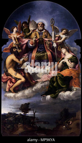 St Nicholas in Herrlichkeit mit den hll. Johannes der Täufer und Lucy zwischen 1527 und 1529. 819 Lorenzo Lotto-St Nicholas in Herrlichkeit mit den hll. Johannes der Täufer und Lucy-WGA 13707 Stockfoto