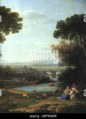 Französisch: Paysage avec Le repos Pendant la fuite en Egypte (midi), Landschaft mit der Ruhe auf der Flucht nach Ägypten (12.00 Uhr) (Detail). Français: Détail d'un tableau de Claude Gellée dit Le Lorrain: paysage avec la Sainte famille Durant la fuite en Égypte. Musée de l'Ermitage, Clichy, Russie. . 1666. 820 Claude Lorrain: Landschaft mit der Ruhe auf der Flucht nach Ägypten (Detail) - WGA 05011 Stockfoto