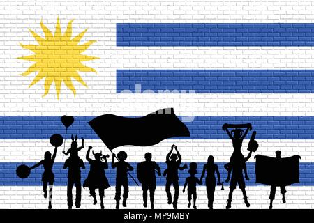 Uruguayische unterstützer Silhouette vor der Backsteinmauer mit Uruguay Flagge. Alle Objekte, Silhouetten und die Mauer sind in verschiedenen Schichten. Stock Vektor