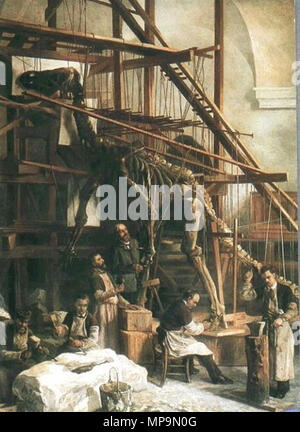 . Englisch: Louis François De Pauw, Leiter Vorbereiter im Königlichen Belgischen Institut der Naturwissenschaften, die Überwachung der ersten Rekonstruktion eines Iguanodon in der St. Georg Kapelle in Brüssel, 1882. Belgische Paläontologen Louis Dollo (1857-1931) Werke (nicht im Bild). Malerei auf dem Display im Brüsseler Museum für Naturgeschichte. Español: El Naturalista Louis François De Pauw, Jefe de Talleres del Real Instituto Belga de Ciencias Naturales, supervisando La primera reconstrucción de un Iguanodon en La Capilla de San Jorge de Bruselas, En 1882. El paleontólogo Louis Dollo (1857 - Stockfoto