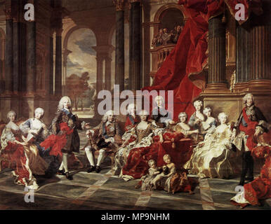 Spanisch: La Familia de Felipe V der Familie von Philip V. Español: La Obra muestra Ein los Angemeldet bleiben de La Familia del rey Felipe V de España (1683-1746), Que fue Nieto del rey Luis XIV de Francia y el Primer monarca de La Casa de Borbón en España. . 1743. 825 Louis-Michel Van Loo - die Familie von Philip V-WGA 13442 Stockfoto