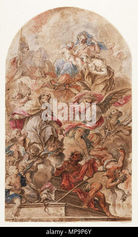 St. Martin vor der Jungfrau, 1715 BergmŸller, Johann Georg Deutsch, 1688-1762 Stift und Tinte Braun, Braun und Grau waschen, Aquarell, weiß gehöht auf weißem p Crocker Art Museum, E. B. Crocker Sammlung 1871.60 724 Johann Georg Bergmüller - St. Martin und andere Heilige Anrufung der Jungfrau Stockfoto