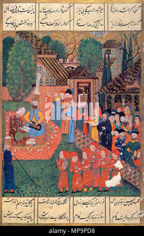 . Eine verbesserte Version der Wikimedia Commons Suleymanname Bild 31b.jpg. Registrierung von Jungen für die devşirme. Die sechs Jungs gekleidet in Rot wurden gesammelt. Auf der linken Seite ein Schriftsteller, Register, auf das Recht der Öffentlichkeit, den Angehörigen der Jungen und Jannisaries. Osmanische Miniaturmalerei vom Süleymanname. (Inv. 1517/31 b). 1558. Ali. Amir Beg Shirwani 1150 Suleymanname 31 b2 Stockfoto