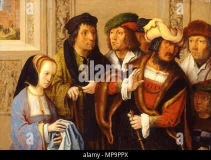 Potifars Frau zeigt ihr Mann Joseph Umhang. Im Hintergrund: Joseph zu Gefängnis übernommen. ca. 1512. 830 Lucas van Leyden 015 Stockfoto