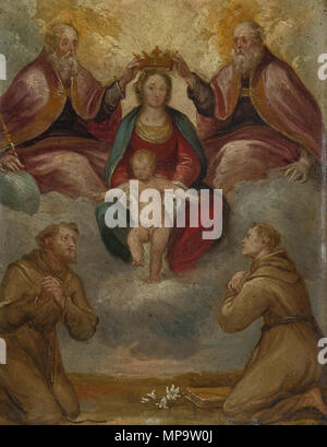 . Englisch: Madonna mit Kind von der Dreifaltigkeit gekrönt und von franziskanischen Heiligen 839 Madonna mit Kind von der Dreifaltigkeit, gekrönt von franziskanischen Heiligen verehrt und angebetet Stockfoto