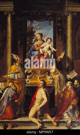 . Italiano: Madonna in trono con Bambino e Santi. zwischen 1560 und 1565. Bartolomeo Passarotti - Chiesa di San Giacomo Maggiore, Bologna 840 Madonna in trono con Bambino e Santi-Passarotti Stockfoto