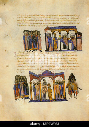 . Englisch: Skyllitzes Matritensis, fol. 114 v. Miniaturen: Leo VI und Arabischen Gesandten in St. Sophia (oben). Die Krönung von Konstantin VII Porphyrogennetos als Co-Kaiser (unten). Referenzen: Ioannis Scylitzae Synopse Historiarum. Editio princeps. Rec. Johannes Thurn, S. 189, in: Corpus Fontium Historiae Byzantinae 5 Serie Berolinensis, 1973 Tsamakda V.: Die Illustrierte Chronik von Johannes Skylitzes in Madrid, S. 149. 11. und 13. Jahrhunderten. aus dem Mittelalter, unbekannt 841 MadridSkylitzesFol 114 v Stockfoto