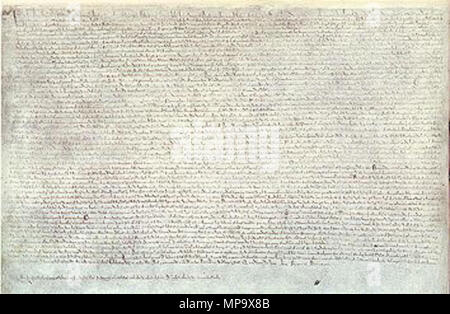 . Englisch: Die Magna Carta (ursprünglich als die Charta der Grundrechte genannt) von 1215, in eisengallustinte Tinte auf Pergament in mittelalterlichen Latein, die Verwendung von Abkürzungen der Zeitraum, mit dem Siegel des Königs Johann authentifiziert. Die ursprüngliche Wachs dichtung wurde im Laufe der Jahrhunderte verloren.[1] Dieses Dokument in der British Library gehalten wird und identifiziert als "British Library Baumwolle MS Augustus II 106".[2]. Einer der vier bekannten Überlebenden 1215 Exemplare der Magna Carta; 2. Oktober 2005 (Original Upload Datum). Ursprünglichen Autoren waren die Barone und König Johann von England; hochgeladen von PiaCarrot. 844 Magna Carta ( Stockfoto