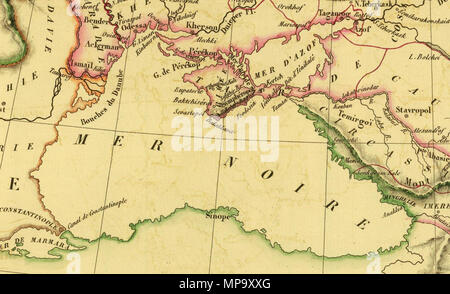 . Français: Russie d'Europe, 1833. Nr. 45. Grab par Thierry. Publikation Titel: Atlas Complet Du Precis De La Geographie Universelle De M.; Dresse Malte-Brun Conformement Au Texte De Cet Ouvrage, Et Revu Et Corrige Entierement par M. J.-J.-N. Huot... (Mez Atlas est Verfassen de 72 cartes.) Paris. Aime Andre, Libraire-Editeur, rue Christine, 1; Ve. Le Normant, Libraire, rue de Seine, 8. 1837. Hinweis: Karte eingraviert. Bundesstaaten und Bezirke in Farbe getrimmt. Flüsse und Seen gezeigt. Große Erleichterung durch hachures. Umfasst 2 Skalen. 1837. Conrad Malte-Brun (1775 - 1826) Alternative Namen Malthe Conrad Br Stockfoto