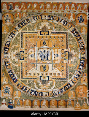 . Englisch: Chinesische K'o-Ssu-Mandala von Yamantaka-Vajrabhairava. Yuan Dynastie (1271 - 1368). Maßnahmen 96 5/8 x 82 5/16 in. (245,5 x 209 cm). Zentralasiatischen Tapestry-Webtechniken und Indo-Himalayan Bilder sind hier, um beeindruckende Wirkung in diesem spektakulären Mandala, die wahrscheinlich während der Initiation Zeremonie bei Gericht verwendet wurde. Die Spender, die unten links werden von tibetischen Inschriften als zwei der großen Khubilai Khan's - die Enkel: Tugh Temür, der zweimal als Kaiser zwischen 1328 und 1332 regierte, und sein Bruder Khoshila, der kurz im Jahr 1329 regierte. Ihre jeweiligen Ehepartner sind s Stockfoto