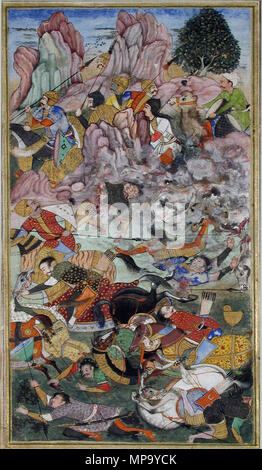 . Englisch: Serie Titel: Baburnama Suite Name: Baburnama Anzeige Artist: Basawan und Hari Sohn von Rumi Erstellungsdatum: Ca. 1589 Display Abmessungen: 8 19/32 in. x 4 17/32 in. (21,8 cm x 11,5 cm) Kreditlinie: Edwin Binney 3 Sammlung Beitritt Artikelnummer: 1990.282 Sammlung: <a href='Http://www.sdmart.org/art/our-collection/asian-art' rel='nofollow'> Die San Diego Museum der Kunst</a>. 2. Oktober 2001, 11:52:52. Englisch: thesandiegomuseumofartcollection 1169 Der Kampf gegen Rana Sanga an Kanhua 1526 (6124530405) Stockfoto