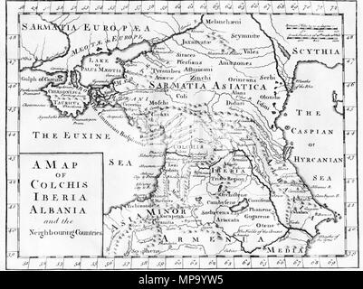 . Deutsch: "Eine Karte von Kolchis, Iberia, Albanien und die benachbarten Länder. Eine Karte des Kaukasus/Krim/südlichen Russland Region während des klassischen Altertums (Antike). Beachten Sie, dass die "Albanien" verwiesen wurde am Kaspischen Meer (nicht die moderne Albanien auf dem Balkan). Kupfer - gravierte Karte, kein Verleger oder Datum, London, ca 1770 (oder 1729?). English: Kaukasus mit Siedlungsgebieten von Sarmaten und Amazonen in der, Kupferstich von Ca. 1770 Français: La Colchide, l'Ibérie (Orientale), l'Wusel (Orientale) et les Régions voisines ქართული: ანტიკური ხანის კოლხეთი, ბერძნულ წყარო Stockfoto