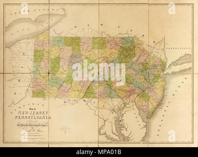 Русский: Карта штатов Нью-Джерси и Пенсильвания Français: Carte du New Jersey et de la Pennsylvanie Englisch: Karte von New Jersey und Pennsylvania: 新泽西州和宾夕法尼亚州地图 中文 Português: Mapa de Nova Jersey e Pensilvânia العربية: خريطة نيو جيرسي وبنسلفانيا Español: Mapa de Nueva Jersey y Pensilvania. Русский: Дэвид Г. Бурр (1803 - 1875 гг.), землемер и картограф, служил топографом Почтового департамента США в 1832 - 1838 гг. И географом Палаты представителей в 1838 - 1847 гг. Под руководством генерального почтмейстера Бурр собирал почтмейстеров от всей страны информацию о транспортных маршрутах - почтовых трак Stockfoto