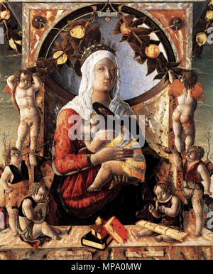 Français: La Vierge et l'Enfant entourés de huit Anges.[1] Alternative Titel(e): Deutsch: Madonna mit Kind und Engeln.[2] 1455. 854 Marco Zoppo, Madonna col Bambino, Louvre Stockfoto