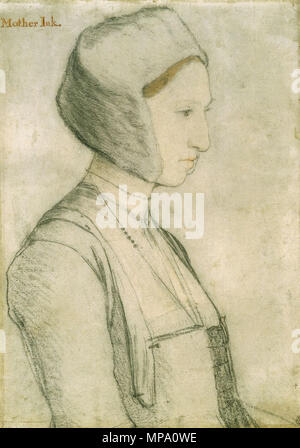 . Englisch: Portrait Studie von Margaret Giggs. Schwarze und farbige Kreide auf Papier, 38,5 x 27,3 cm, Royal Collection, Windsor. Margaret Giggs (1508 - 70) war die Tochter von Sir Thomas More. Diese Zeichnung ist einer von sieben feinen überlebenden Studien von Holbein für seine Gruppe portrait Studie von Thomas More's Familie gezeichnet. In der Familie Portrait Studie, Margaret lehnt sich in Richtung Thomas More's Vater, Sir John Mehr, als ob er ihm eine Passage in einem Buch, und sie trägt eine andere Kopfbedeckung. In eine Kopie von Holbeins verloren Gemälde von Rowland Lockey, aber sie trägt die gleichen Kappe wie in der vorliegenden Zeichnung Stockfoto