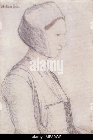 . Englisch: Portrait Studie von Margaret Giggs. Schwarze und farbige Kreide auf Papier, 38,5 x 27,3 cm, Royal Collection, Windsor. Margaret Giggs (1508 - 70) war die Tochter von Sir Thomas More. Diese Zeichnung ist einer von sieben feinen überlebenden Studien von Holbein für seine Gruppe portrait Studie von Thomas More's Familie gezeichnet. In der Familie Portrait Studie, Margaret lehnt sich in Richtung Thomas More's Vater, Sir John Mehr, als ob er ihm eine Passage in einem Buch, und sie trägt eine andere Kopfbedeckung. In eine Kopie von Holbeins verloren Gemälde von Rowland Lockey, aber sie trägt die gleichen Kappe wie in der vorliegenden Zeichnung Stockfoto