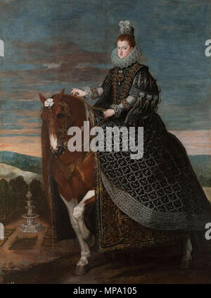 Equestrian portrait von Margarita von Österreich. Español: Retrato de la Reina Margartita de Austria (1584-1611), Que fue Reina consorte de España por su matrimonio con el rey Felipe III de España y también La Madre del rey Felipe IV. . Ca. 1635. 855 Margarita de Österreich a Caballo (restaurado) Stockfoto