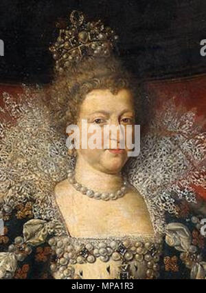 Portrait von Marie de Medici. Alternative Titel(n): Marie de Médicis.[1]. Portrait von Maria de' Medici im vollen Ornat. Sie war die Frau von Heinrich IV. von Frankreich. Kopie der Version im Louvre, Paris. (Siehe Datei: Frans Pourbus (II) 007.jpg). Zwischen 1600 und 1642. 859 MariadeMedici 02 (Detail) Stockfoto