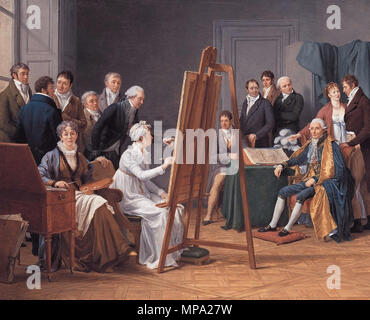 Die Zeit im Atelier von Madame Vincent um 1800. Français: Salon de 1808, Le Portrait de groupe représente la Professeur et Amie de l'Artiste, Adélaïde Labille-Guiard (1749-1803), épouse du peintre François André Vincent (1746-1816) dans son Atelier, aux alentours de 1800, réalisant Le Portrait du peintre et sénateur Joseph-Marie Vien (1716-1809), en présence de membres de la famille Vien, d'élèves ainsi que de son Mari et d'élèves de Celui-ci. L'artiste s'est représentée Elle-Même, assise à Coté de Sohn amie, chargeant La Palette. Deutsch: Wir sehen in einem schmucklosen, hohen Zimmer Stockfoto