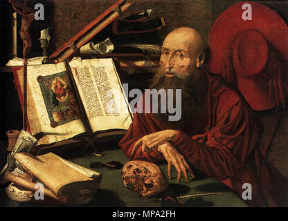 Der heilige Hieronymus. Alternative Titel: Englisch: Hl. Hieronymus in seiner Studie.[1] Nederlands: De heilige Hieronymus in zijn studeervertrek.[1] die Hälfte des 16. Jahrhunderts. 862 Marinus van Reymerswale006 Stockfoto