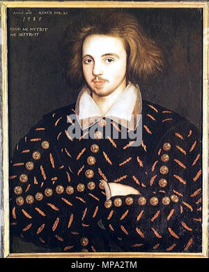 Unbekannte 21-jährige Mann, Christopher Marlowe. Ein Porträt, angeblich von Christopher Marlowe. Es gibt in der Tat keinen Beweis, dass die anonyme sitter Marlowe ist, aber die Hinweise, die in diese Richtung. Marlowe war 21 Jahre alt, im Jahr 1585, als das Bild gemacht wurde. Er war auch der einzige 21-jährige Student an Fronleichnam, wo das Gemälde später gefunden wurde.[1]. 1585. 863 Marlowe-Portrait-1585 Stockfoto