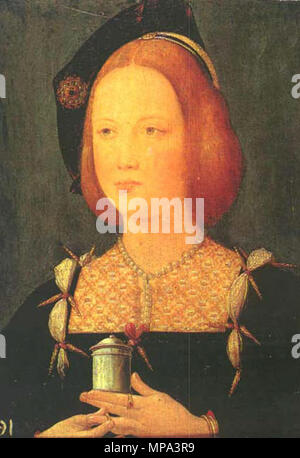 . Englisch: Mary Tudor, Prinzessin von England (1496-1533), zweite Tochter von König Heinrich VII. von England und Elizabeth von York, jüngere Schwester von Heinrich VIII. von England und Königin von Frankreich wegen ihrer Ehe mit Ludwig XII. Nach seinem Tod heiratete Charles Brandon, 1. Herzog von Suffolk. Maria fiel für Charles und alle zeitgenössischen Darstellungen Bemerkung zu großen Mary's Schönheit, besonders Ihre klaren Teint und lange rot-gold Haar, die Tudor Marke so Charles zu wurde geschlagen. . 16. Jahrhundert. 868 MaryTudor 111 Stockfoto