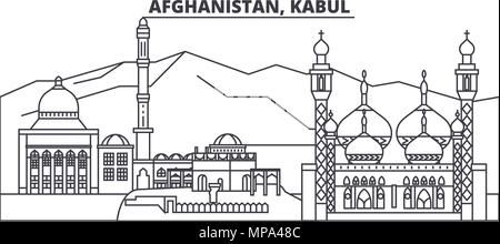 Afghanistan, Kabul Linie skyline Vector Illustration. Afghanistan, Kabul lineare Stadtbild mit berühmten Wahrzeichen und Sehenswürdigkeiten der Stadt, Vektor Landschaft. Stock Vektor