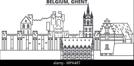 Belgien, Gent Linie skyline Vector Illustration. Belgien, Gent lineare Stadtbild mit berühmten Wahrzeichen und Sehenswürdigkeiten der Stadt, Vektor Landschaft. Stock Vektor