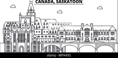 Kanada, Saskatoon Linie skyline Vector Illustration. Kanada, Saskatoon lineare Stadtbild mit berühmten Wahrzeichen und Sehenswürdigkeiten der Stadt, Vektor Landschaft. Stock Vektor