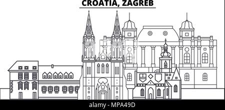 Kroatien, Zagreb Linie skyline Vector Illustration. Kroatien, Zagreb lineare Stadtbild mit berühmten Wahrzeichen und Sehenswürdigkeiten der Stadt, Vektor Landschaft. Stock Vektor