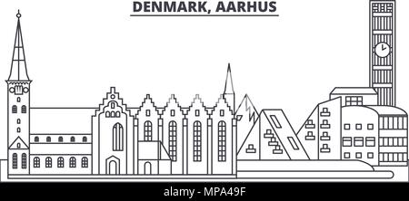 Dänemark, Aarhus Linie skyline Vector Illustration. Dänemark, Aarhus lineare Stadtbild mit berühmten Wahrzeichen und Sehenswürdigkeiten der Stadt, Vektor Landschaft. Stock Vektor