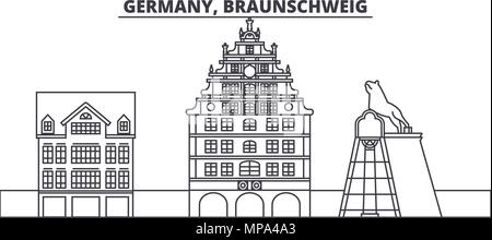 Deutschland, Braunschweig Linie skyline Vector Illustration. Deutschland, Braunschweig lineare Stadtbild mit berühmten Wahrzeichen und Sehenswürdigkeiten der Stadt, Vektor Landschaft. Stock Vektor