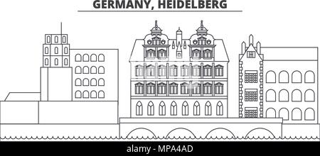 Deutschland, Heidelberg Linie skyline Vector Illustration. Deutschland, Heidelberg lineare Stadtbild mit berühmten Wahrzeichen und Sehenswürdigkeiten der Stadt, Vektor Landschaft. Stock Vektor