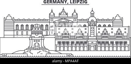 Deutschland, Leipzig skyline Vector Illustration. Deutschland, Leipzig lineare Stadtbild mit berühmten Wahrzeichen und Sehenswürdigkeiten der Stadt, Vektor Landschaft. Stock Vektor