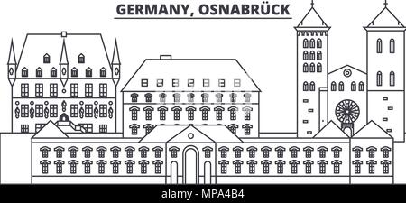 Deutschland, Osnabrück Linie skyline Vector Illustration. Deutschland, Osnabrück lineare Stadtbild mit berühmten Wahrzeichen und Sehenswürdigkeiten der Stadt, Vektor Landschaft. Stock Vektor