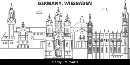 Deutschland, Wiesbaden Linie skyline Vector Illustration. Deutschland, Wiesbaden lineare Stadtbild mit berühmten Wahrzeichen und Sehenswürdigkeiten der Stadt, Vektor Landschaft. Stock Vektor