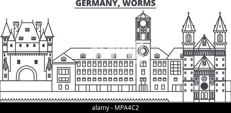 Deutschland, Worms Linie skyline Vector Illustration. Deutschland, Worms lineare Stadtbild mit berühmten Wahrzeichen und Sehenswürdigkeiten der Stadt, Vektor Landschaft. Stock Vektor