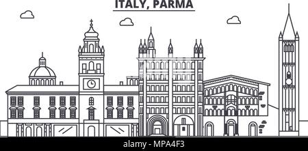 Italien, Parma Linie skyline Vector Illustration. Italien, Parma lineare Stadtbild mit berühmten Wahrzeichen und Sehenswürdigkeiten der Stadt, Vektor Landschaft. Stock Vektor