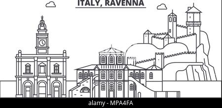 Italien, Ravenna Linie skyline Vector Illustration. Italien, Ravenna lineare Stadtbild mit berühmten Wahrzeichen und Sehenswürdigkeiten der Stadt, Vektor Landschaft. Stock Vektor