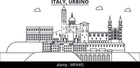 Italien, Urbino Linie skyline Vector Illustration. Italien, Urbino lineare Stadtbild mit berühmten Wahrzeichen und Sehenswürdigkeiten der Stadt, Vektor Landschaft. Stock Vektor