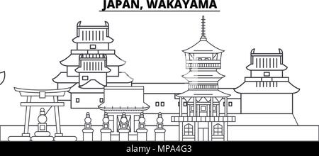 Japan, Wakayama Linie skyline Vector Illustration. Japan, Wakayama lineare Stadtbild mit berühmten Wahrzeichen und Sehenswürdigkeiten der Stadt, Vektor Landschaft. Stock Vektor