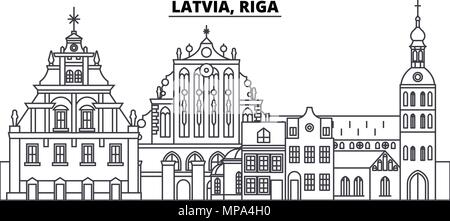 Lettland, Riga Linie skyline Vector Illustration. Lettland, Riga lineare Stadtbild mit berühmten Wahrzeichen und Sehenswürdigkeiten der Stadt, Vektor Landschaft. Stock Vektor